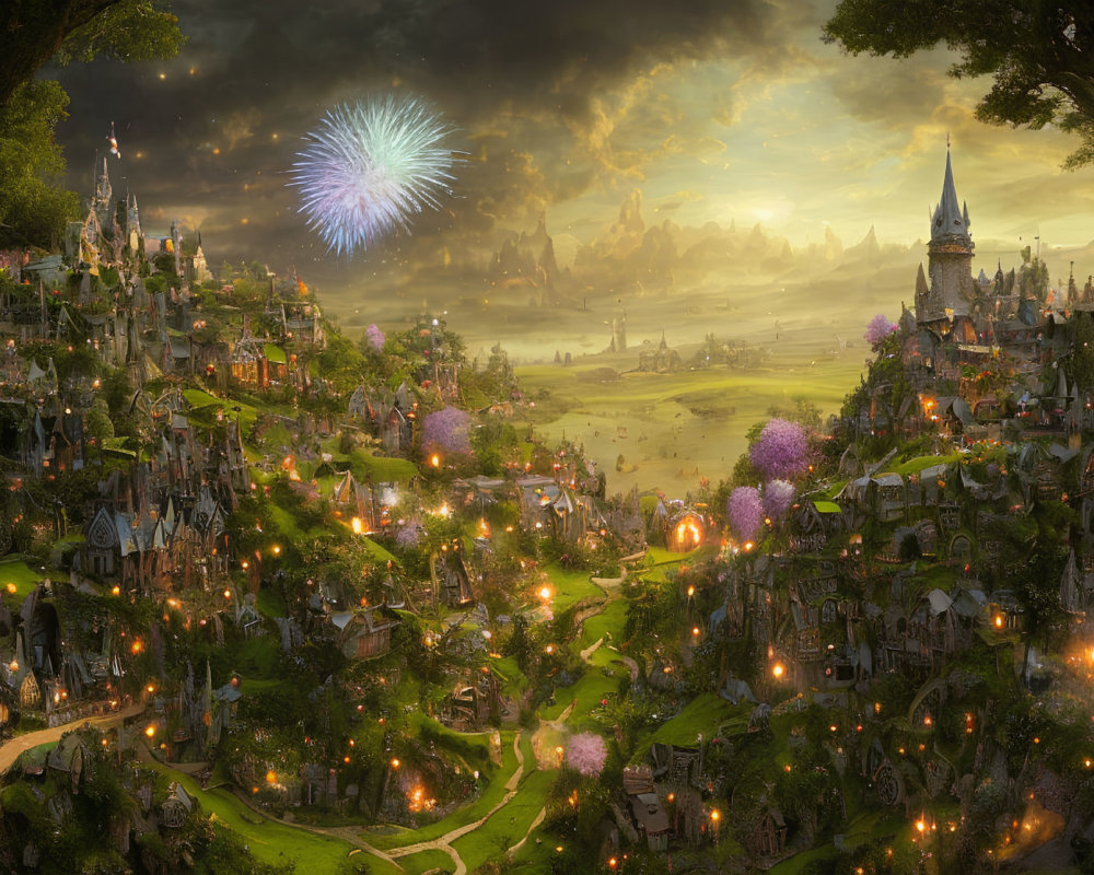 Fantasy landscape with castle, houses, fireworks, and lush trees at dusk