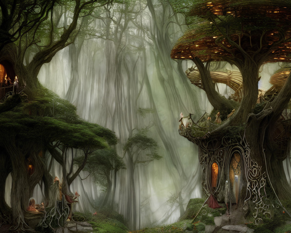 Enchanting forest scene with towering trees and intricate treehouses