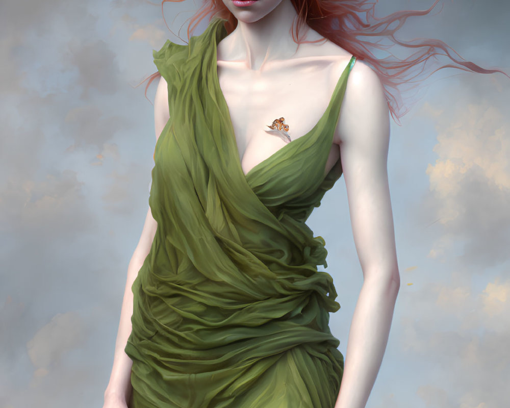 Redhead Woman in Green Dress with Futuristic Weapon Against Cloudy Sky and Moon