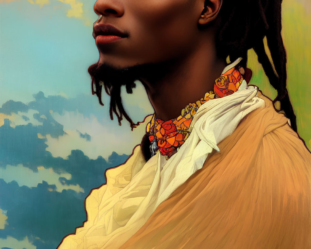 Portrait of a person with dreadlocks and tribal jewelry in yellow garment against blue sky