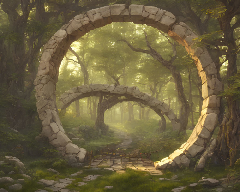 Mystical Stone Archway in Sunlit Forest Path