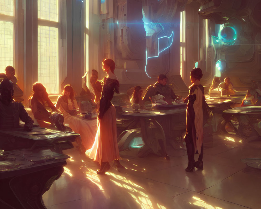 Futuristic golden-lit cafeteria with holographic screens and advanced technology