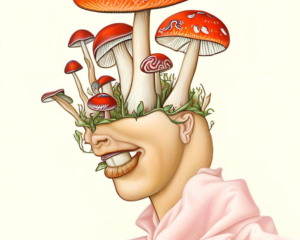 Surreal illustration of person's head with red and white mushrooms and green foliage