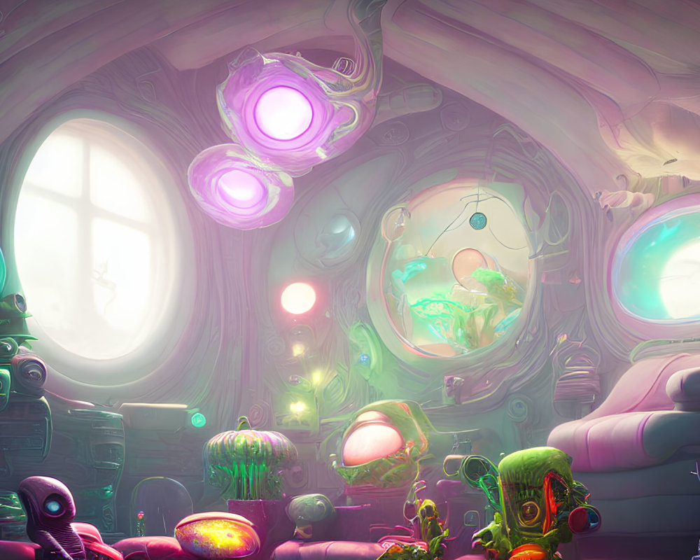 Vibrant surreal interior with glowing orbs, alien plants, and whimsical technology