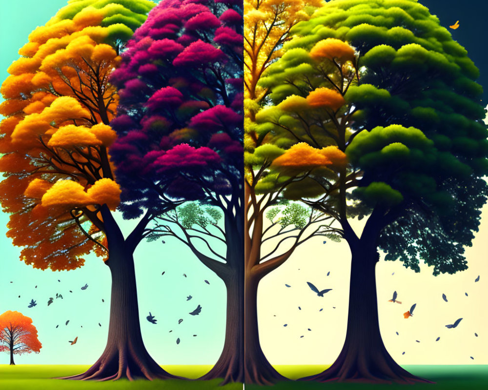 Split-image of vibrant trees in different seasons with birds flying.