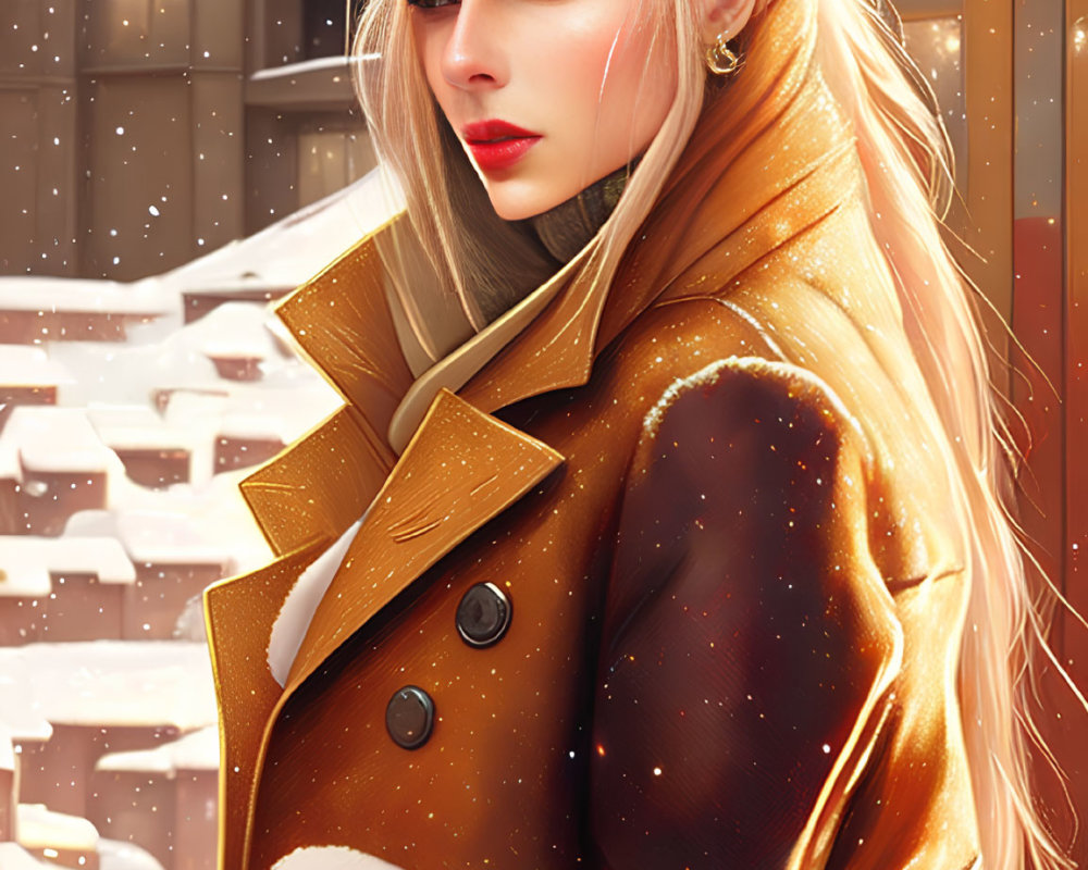 Illustration of woman with platinum blond hair in tan coat and red lipstick in snowy cityscape.