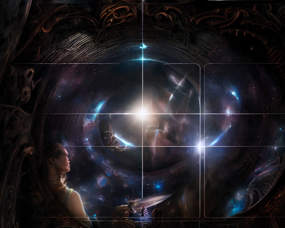 Surreal cosmic montage featuring female figure and celestial elements