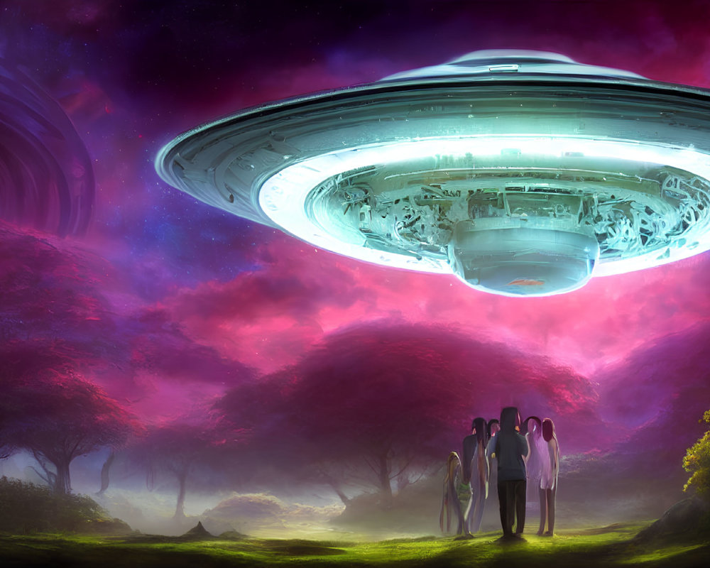 Group of people observing large UFO in mystical landscape