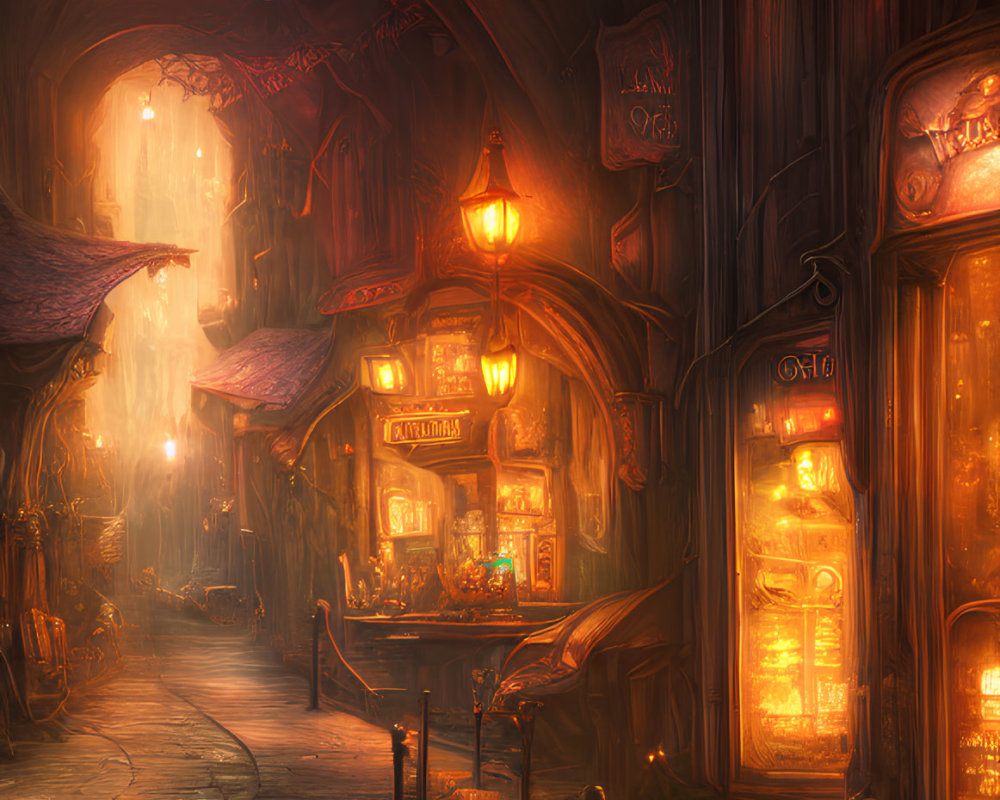 Fantasy Alleyway with Glowing Lanterns and Ornate Doors