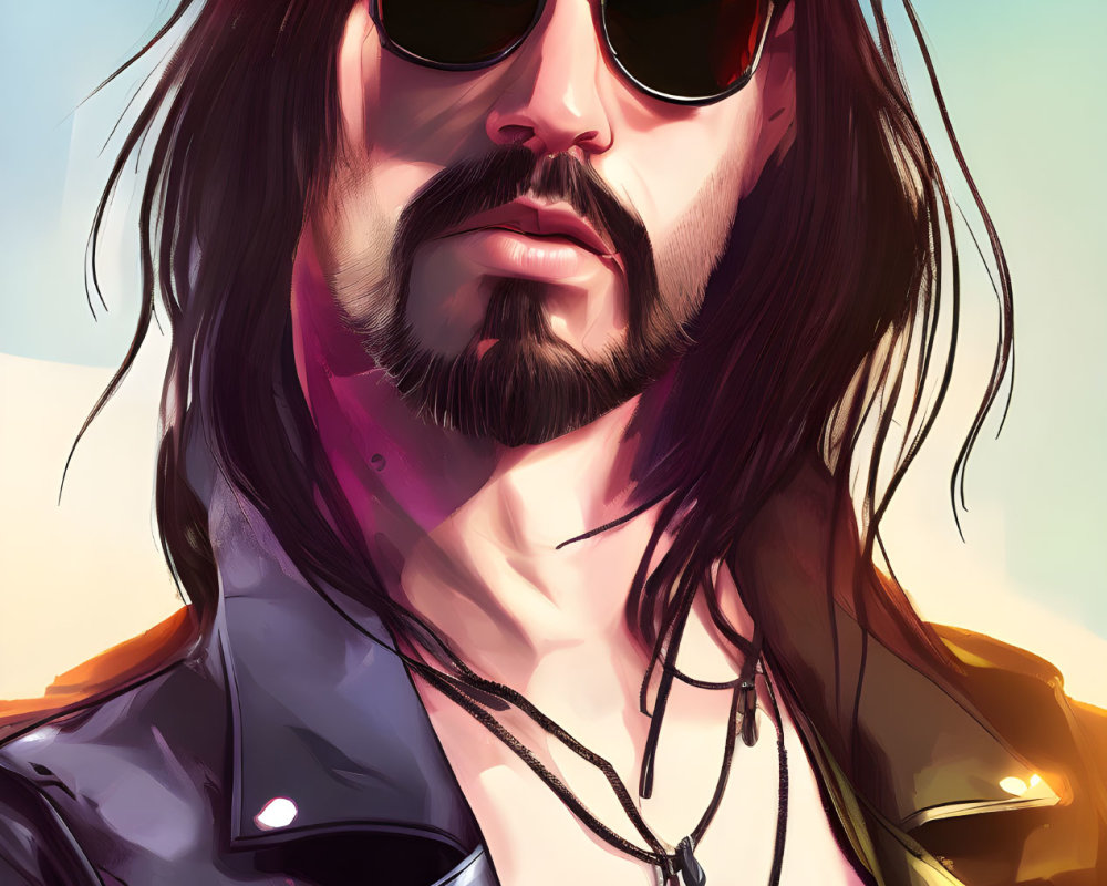 Stylish man with long hair, sunglasses, and leather jacket