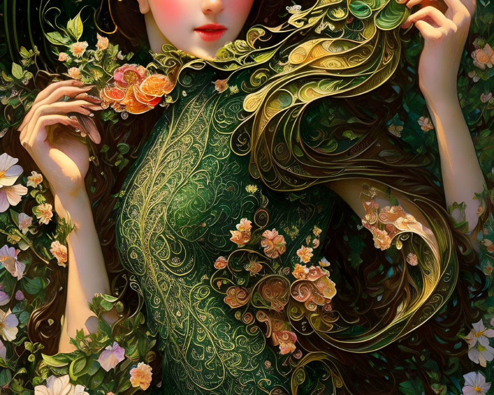 Stylized artwork of woman with flowing floral hair and garment surrounded by vibrant blossoms