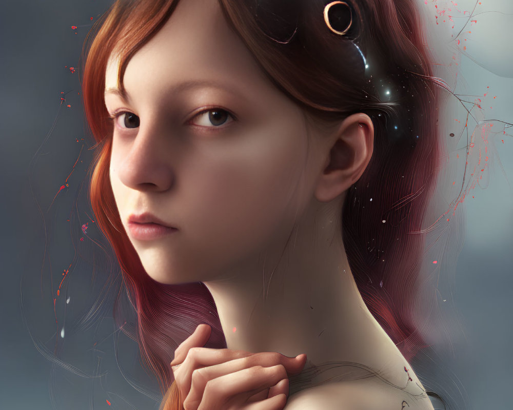 Surreal portrait of girl with cosmic night sky and pink blossoms