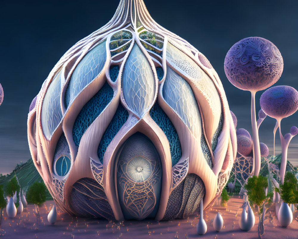 Intricate onion-dome structure in surreal landscape