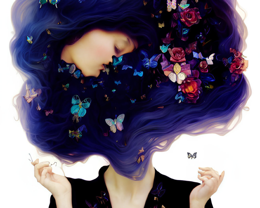 Illustration of person with blue hair, butterflies, and flowers