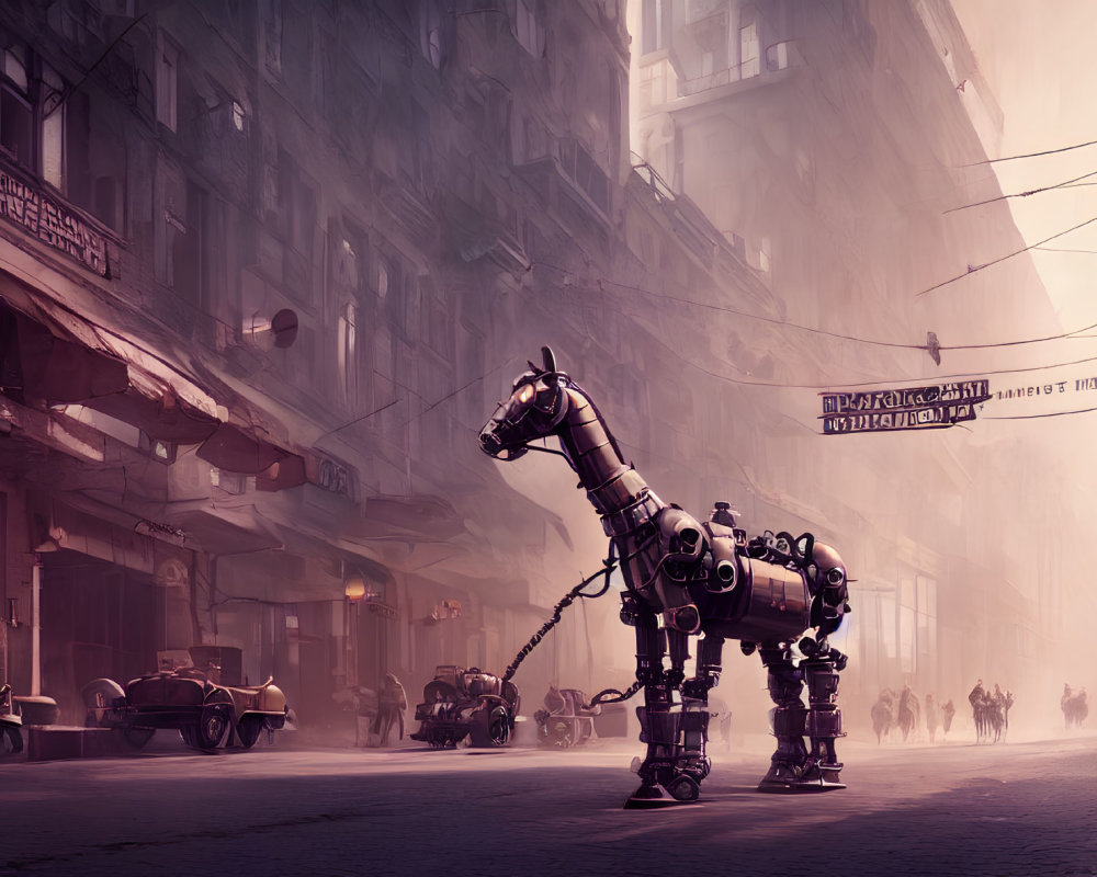 Mechanical quadruped robot with horse-like head in vintage city street.