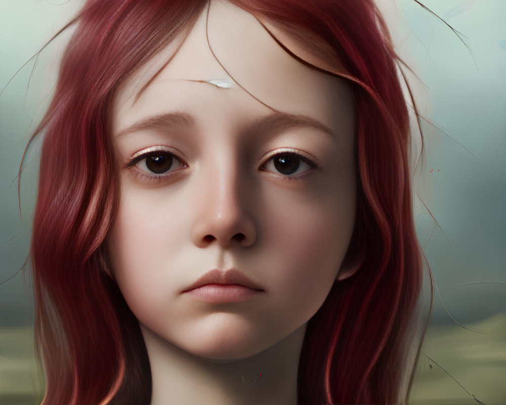 Young girl with red hair and sad eyes in digital portrait.