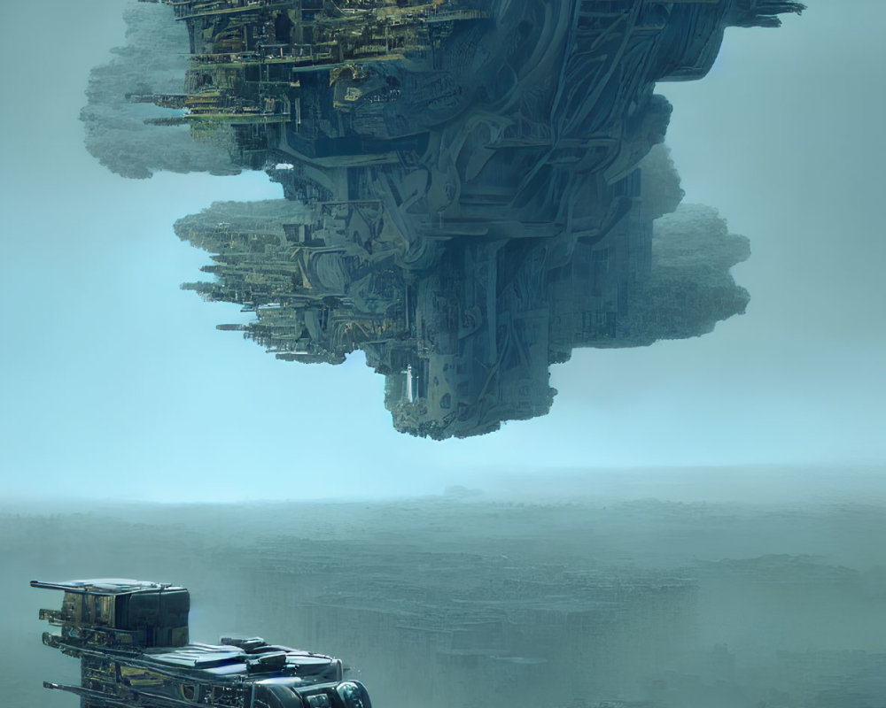 Futuristic floating city above desolate landscape with convoy of trucks