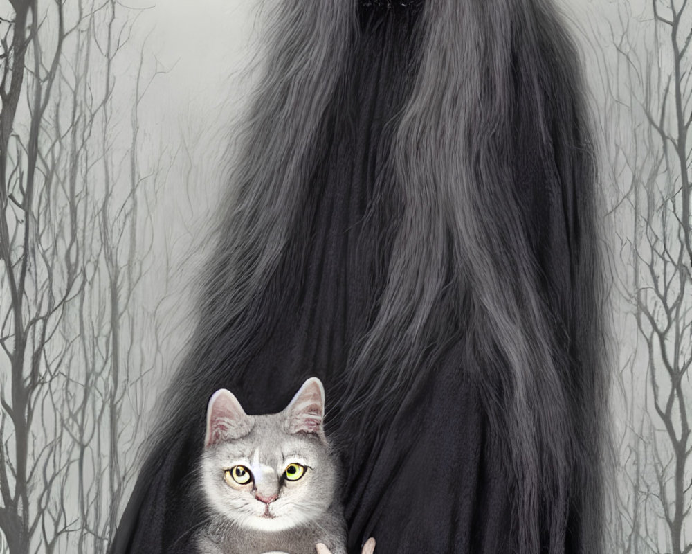 Elderly woman with long gray hair holding a cat in misty forest