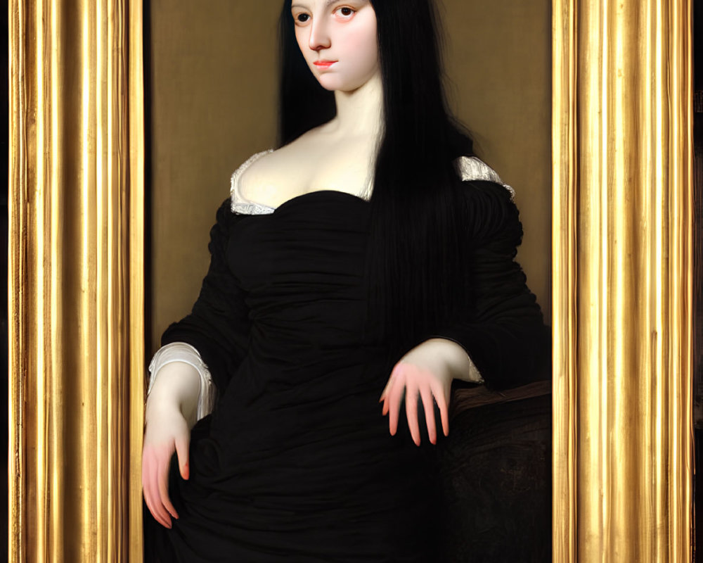 Young woman with long dark hair in black gown framed in gold