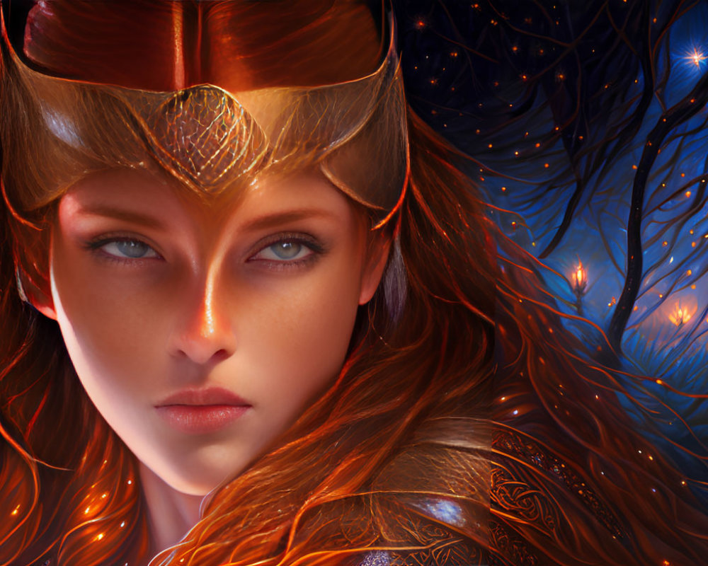 Detailed Illustration: Woman with Red Hair, Golden Crown, Mystical Background