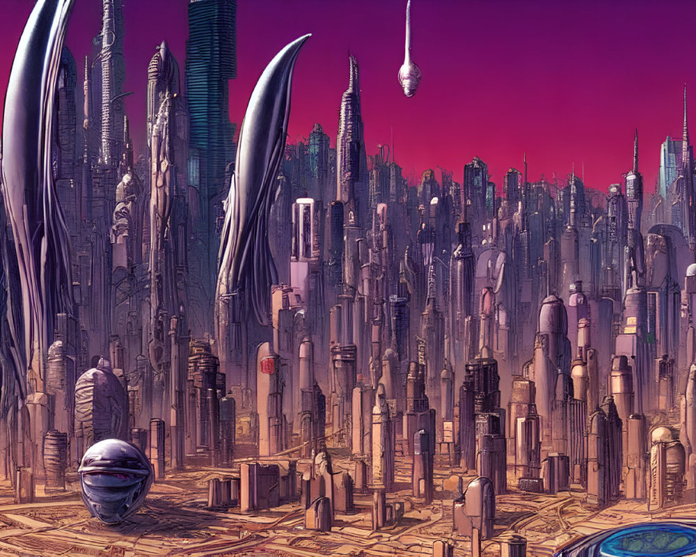 Futuristic cityscape with sleek skyscrapers and flying vehicles