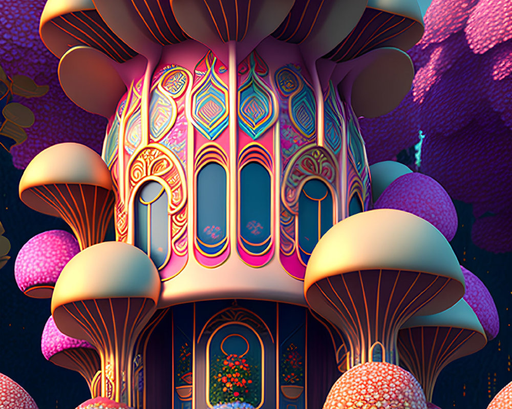 Vibrant fantasy mushroom house artwork under twilight sky