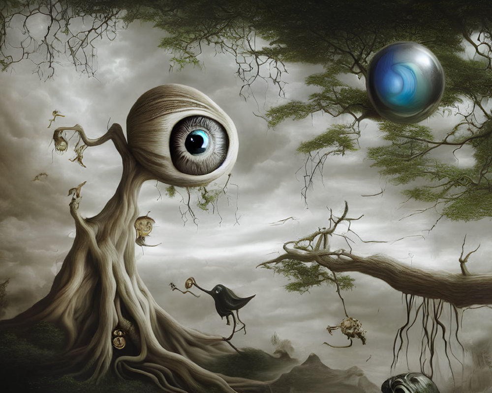 Surreal tree with eye canopy, floating blue orb, black bird, and whimsical branch figures