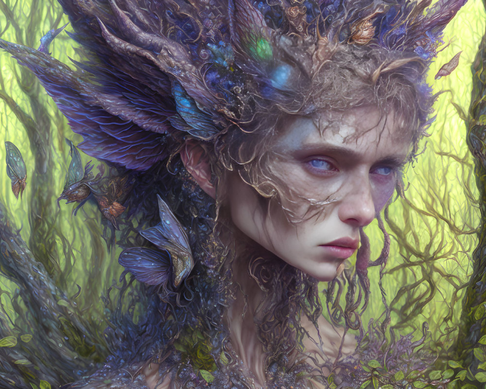 Fantasy portrait with organic textures of branches, leaves, and butterflies