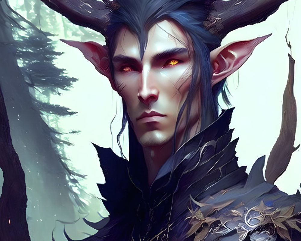 Fantasy character with antler-like horns in dark armor among misty forest