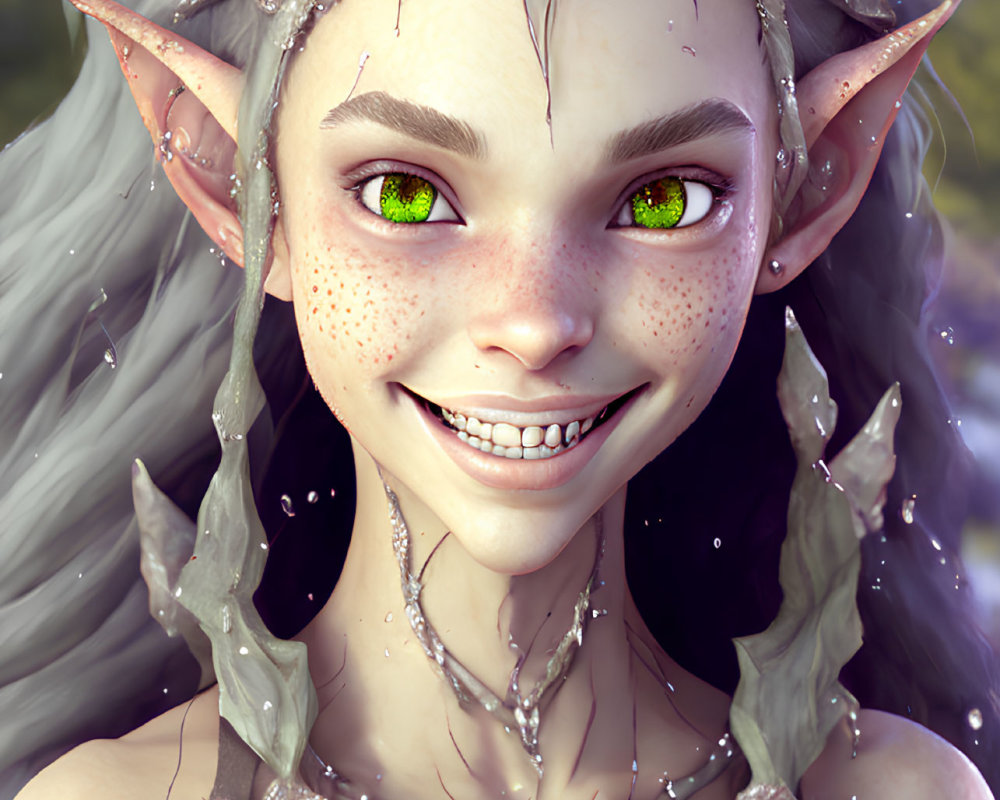 Pointed Eared Fantasy Creature with Green Eyes and Pearl Adornments in Whimsical Natural Setting