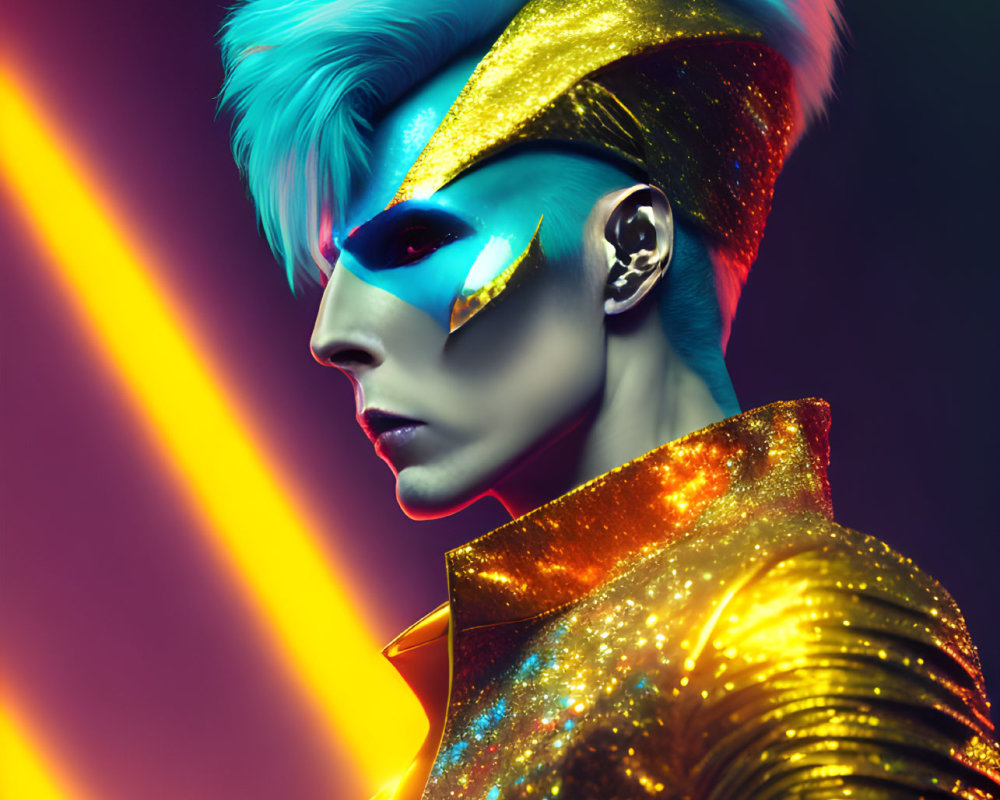 Colorful portrait with blue spiked hair, futuristic makeup, gold outfit, and neon lights