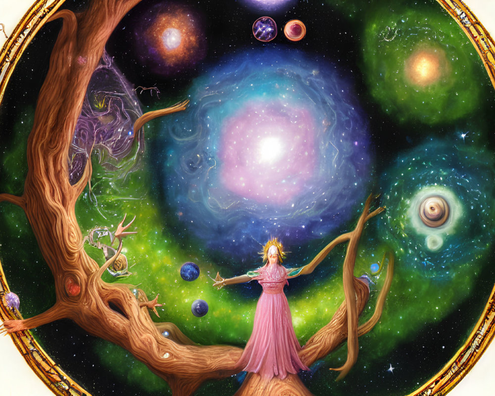 Woman in Pink Gown Surrounded by Cosmic Tree and Planets