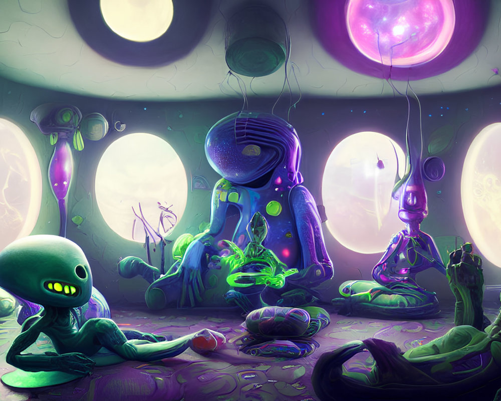 Colorful alien creatures in futuristic spaceship interior with glowing plants and round windows.