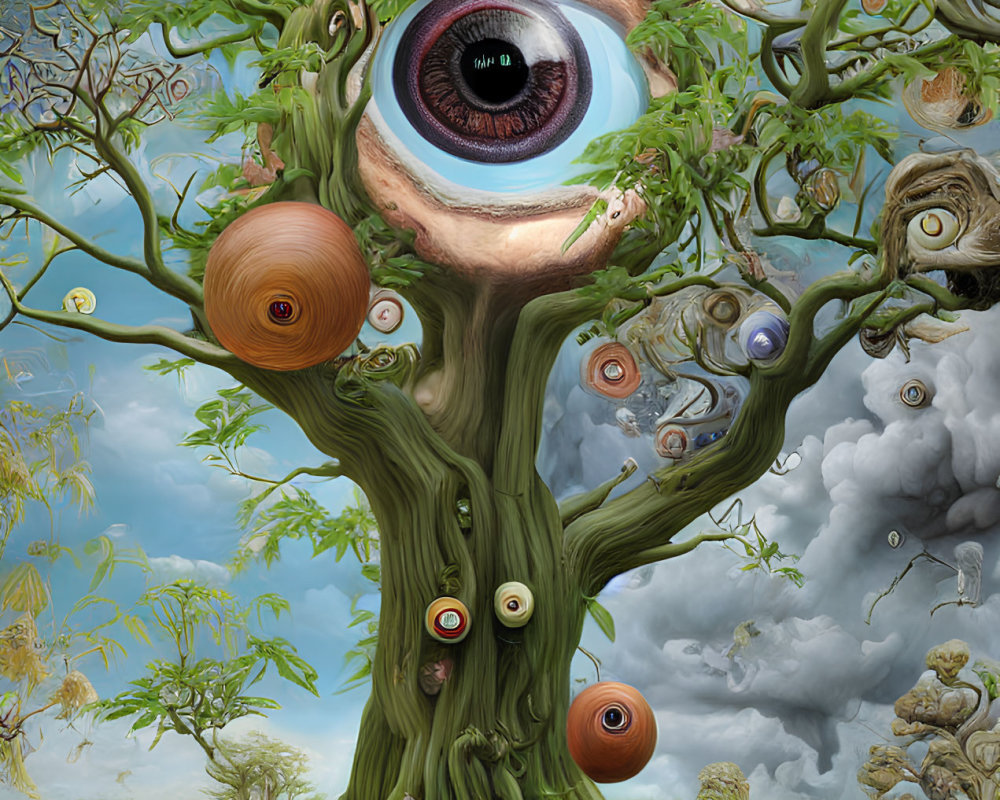 Surreal painting: Tree with human-like eyes in cloudy landscape