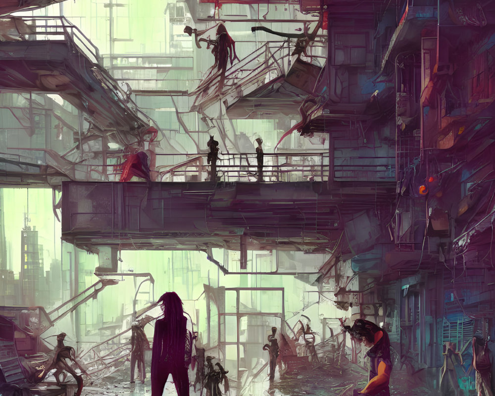 Dystopian cityscape with dilapidated structures and people in decay.