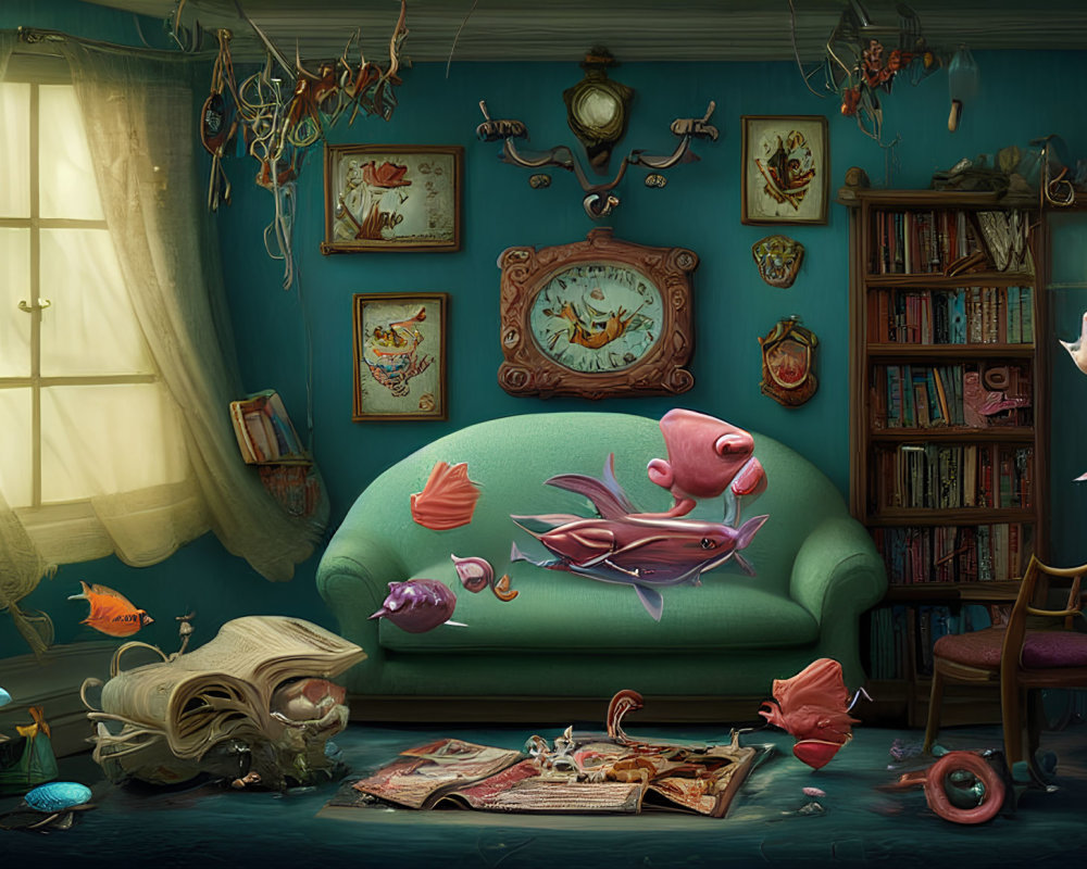 Underwater-themed room with floating fish, green sofa, wall clock, books, glowing window