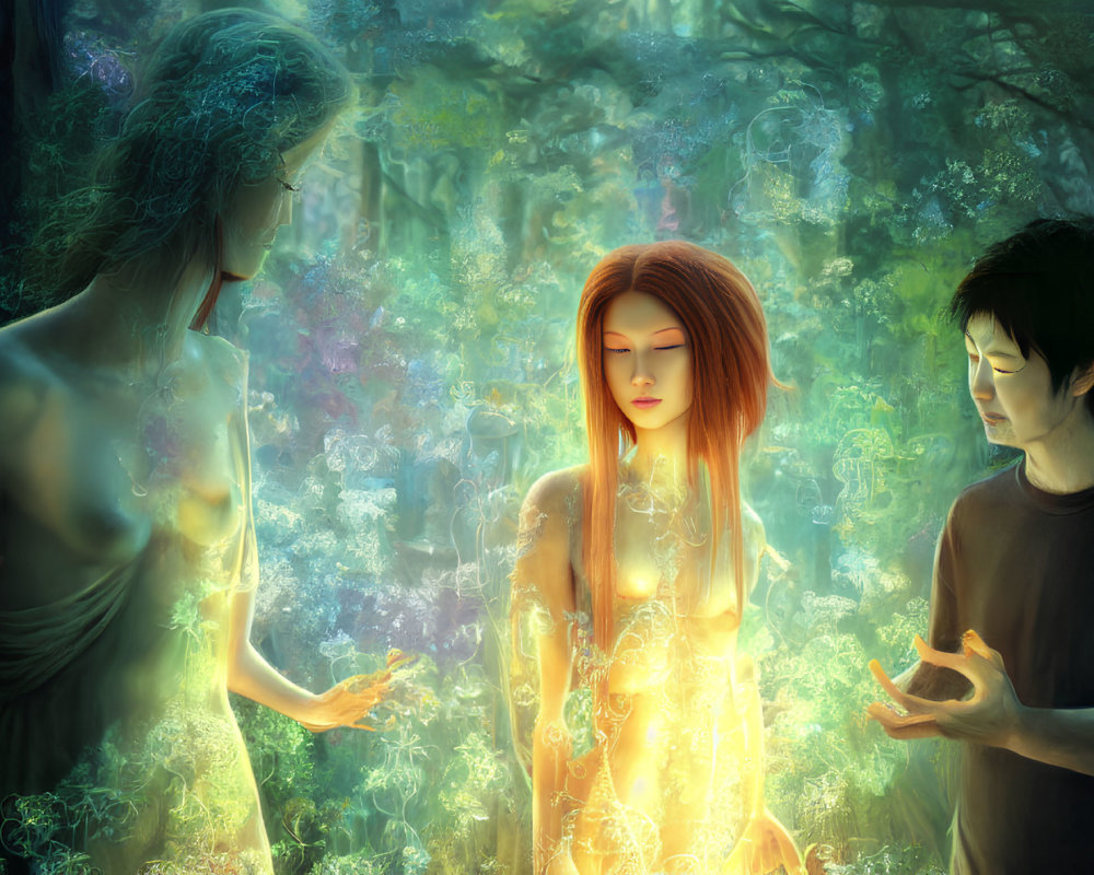 Digital Art: Mystical Scene with Three Figures and Magical Forest Background