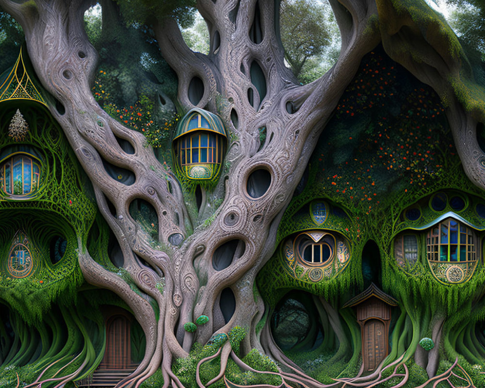 Intricate treehouses in lush enchanted forest