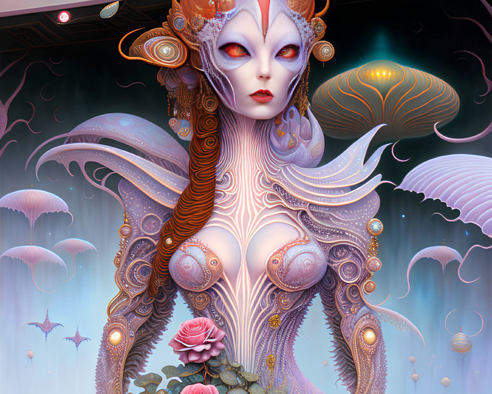 Elaborately adorned female entity with fantastical surroundings