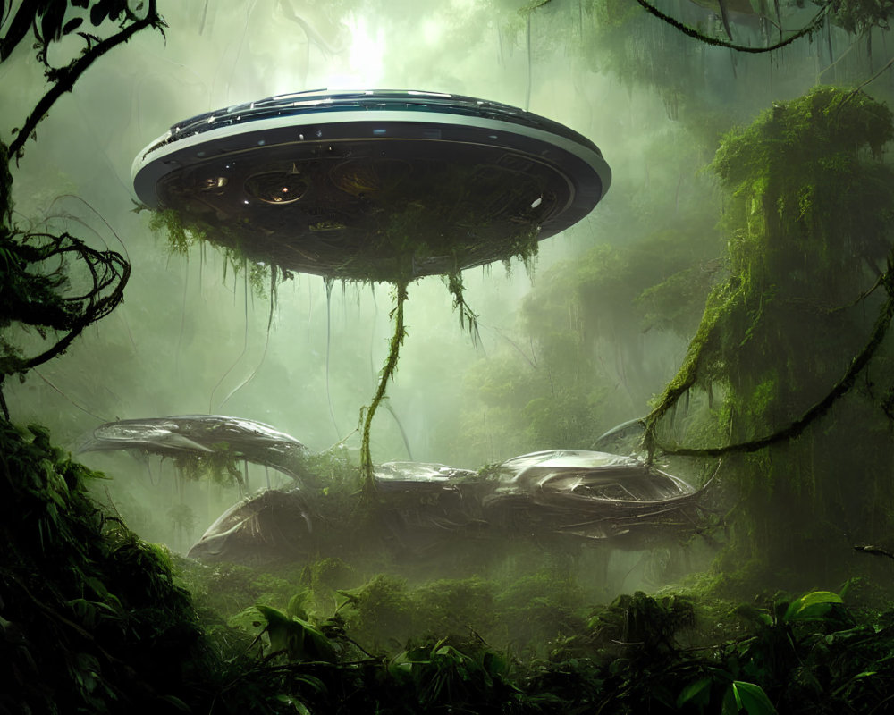 Metallic UFO hovers over misty jungle with vibrant green foliage