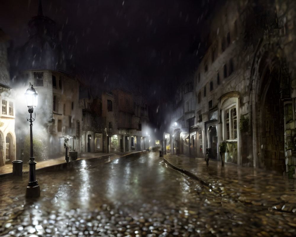 Historic European street on a rainy night with cobblestones and street lamps