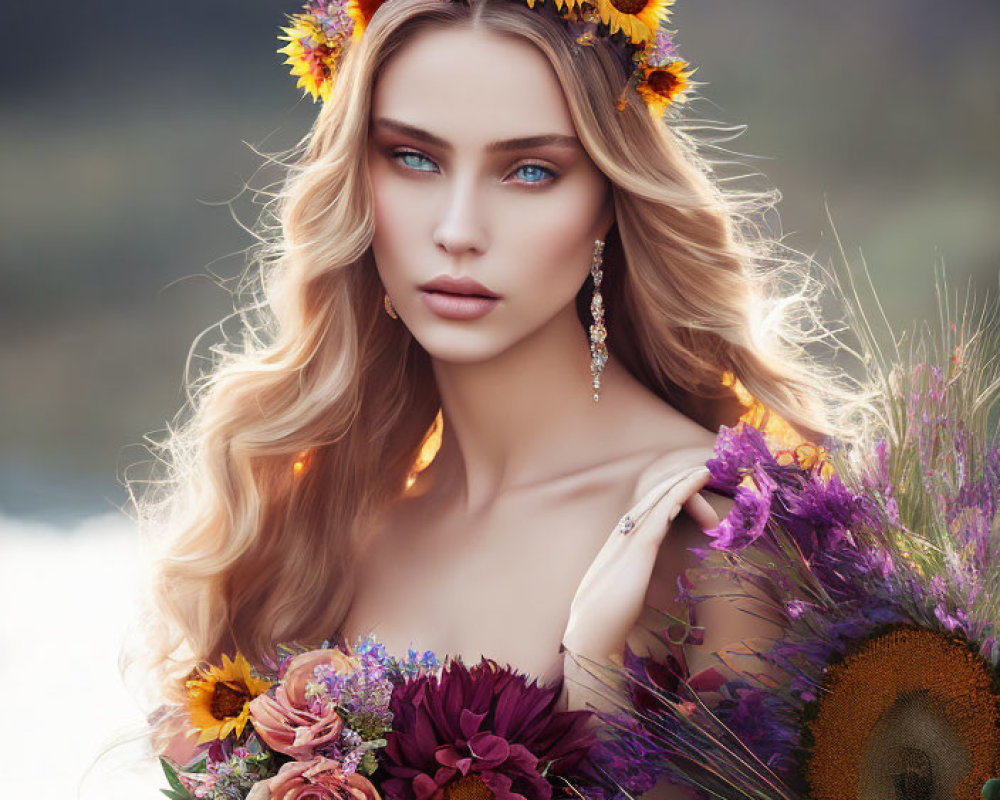 Blonde Woman with Sunflower Crown and Bouquet in Soft Focus