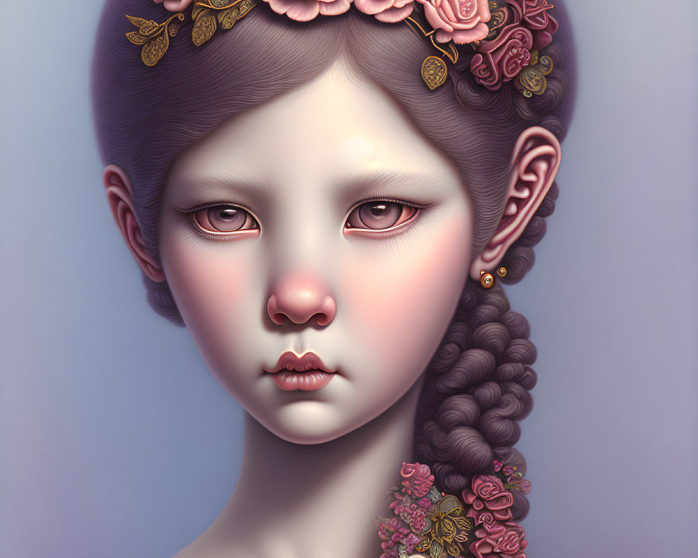 Digital portrait of a girl with purple hair, pointed ears, floral crown, and necklace.