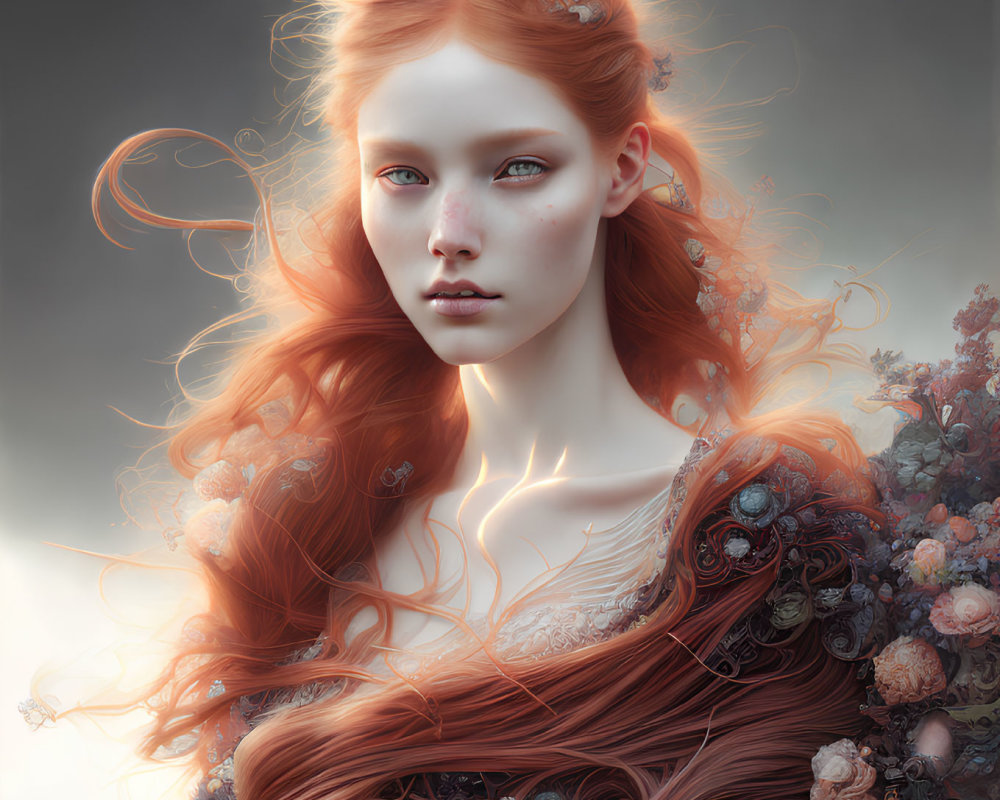 Ethereal woman portrait with red hair and flowers on pale skin.