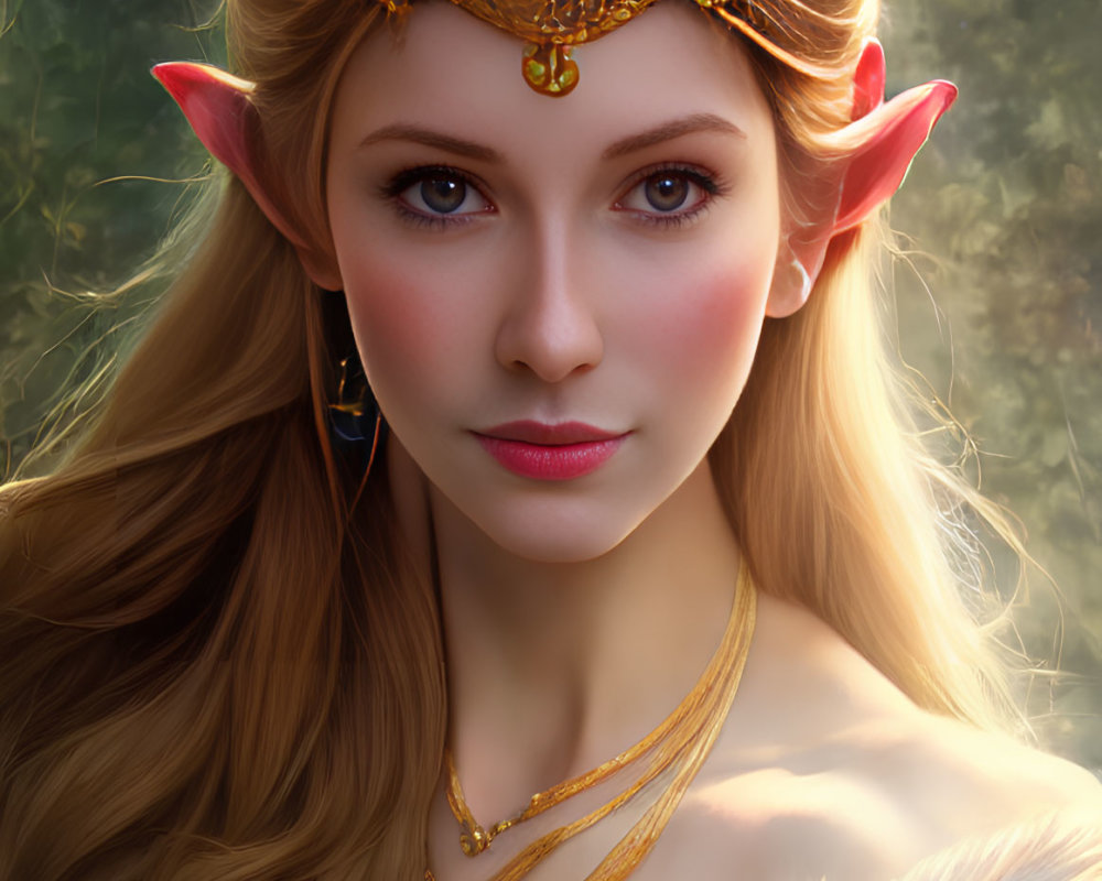 Blonde Elf Woman with Crown and Butterfly Jewelry in Nature