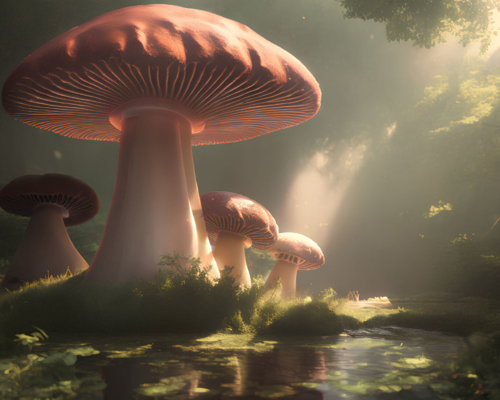 Enchanted forest scene: giant mushrooms by serene stream