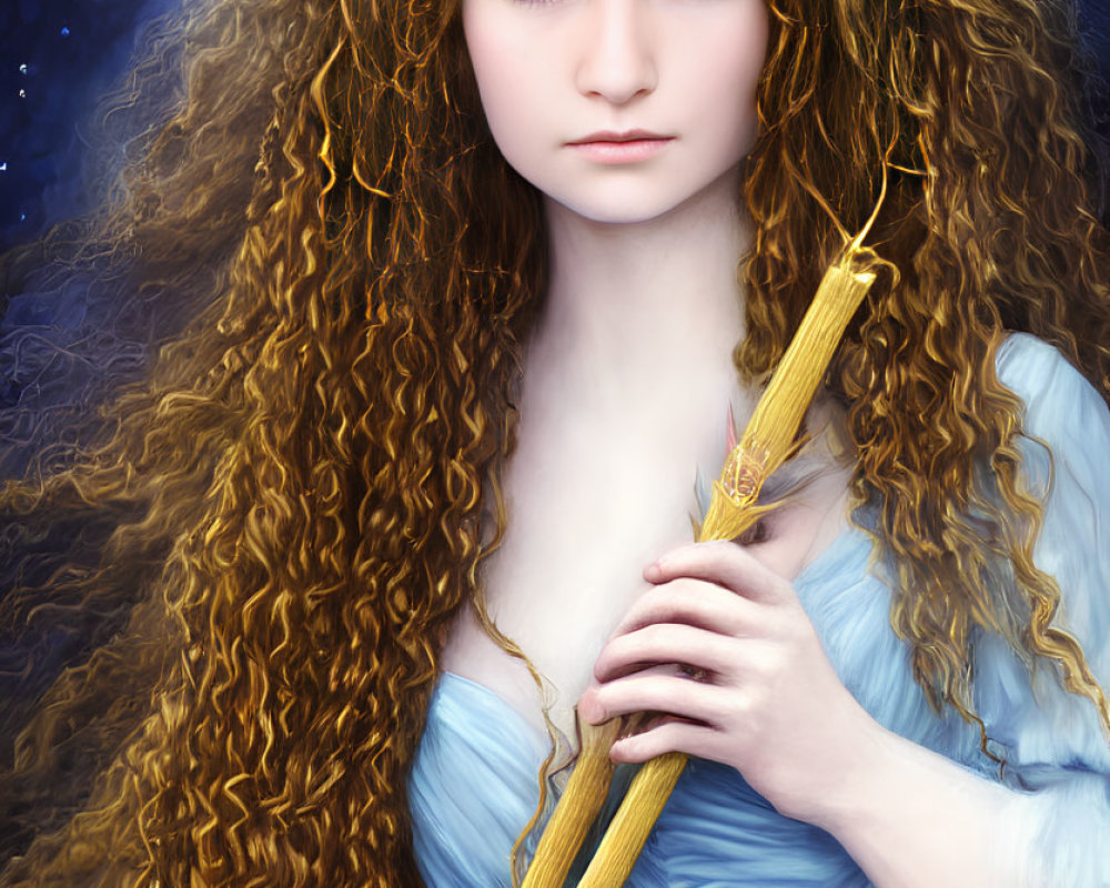 Young woman with curly hair holding golden staff in starry night scene