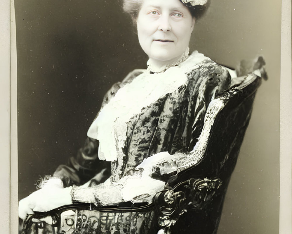 Vintage Portrait of Smiling Woman in Ornate Dress and Hat