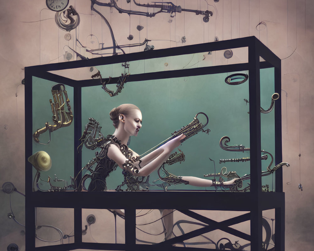 Woman merging with saxophone in glass box with whimsical background.