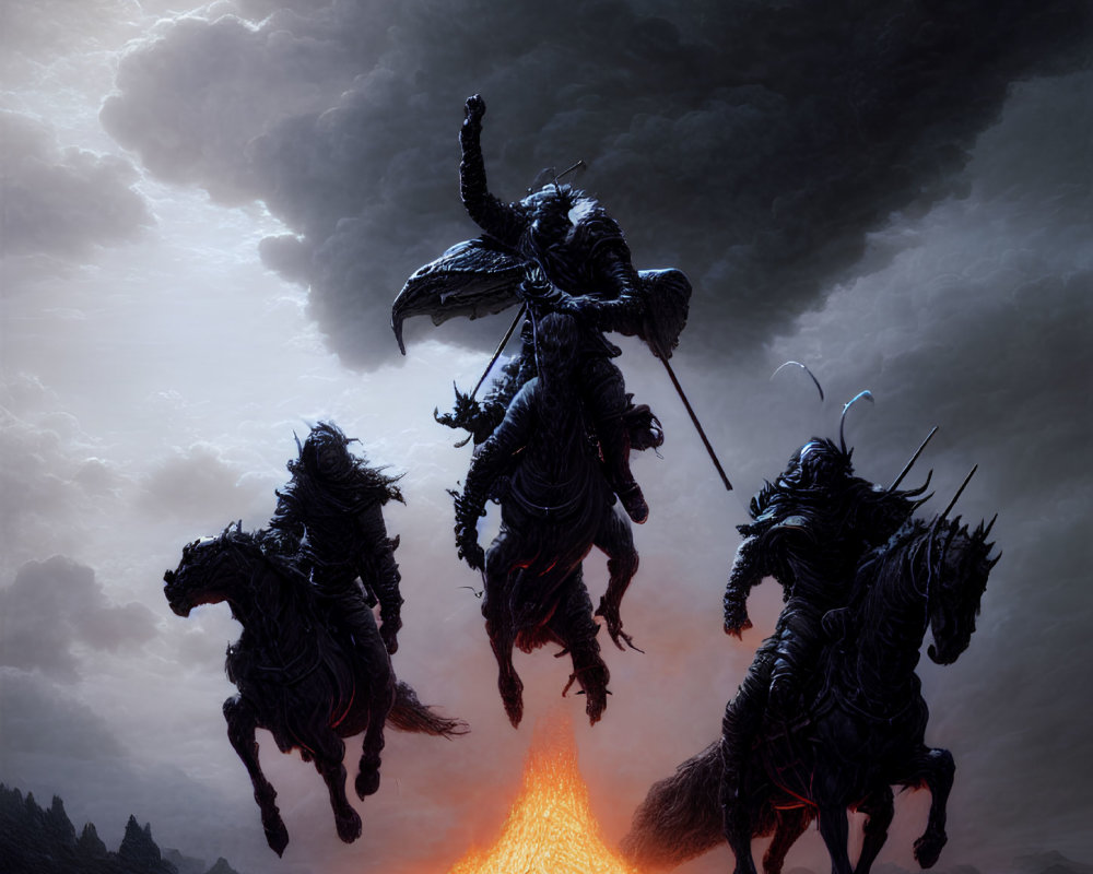 Silhouetted armored riders and horses against glowing lava fissure